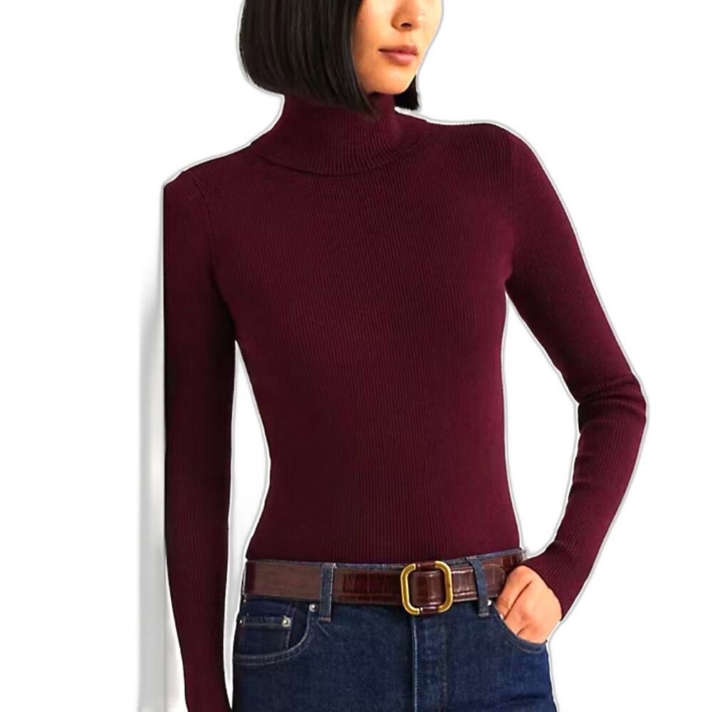 Lauren Ralph Lauren Turtleneck Sweater Burgundy Cotton Modal Nylon Ribbed Top XS